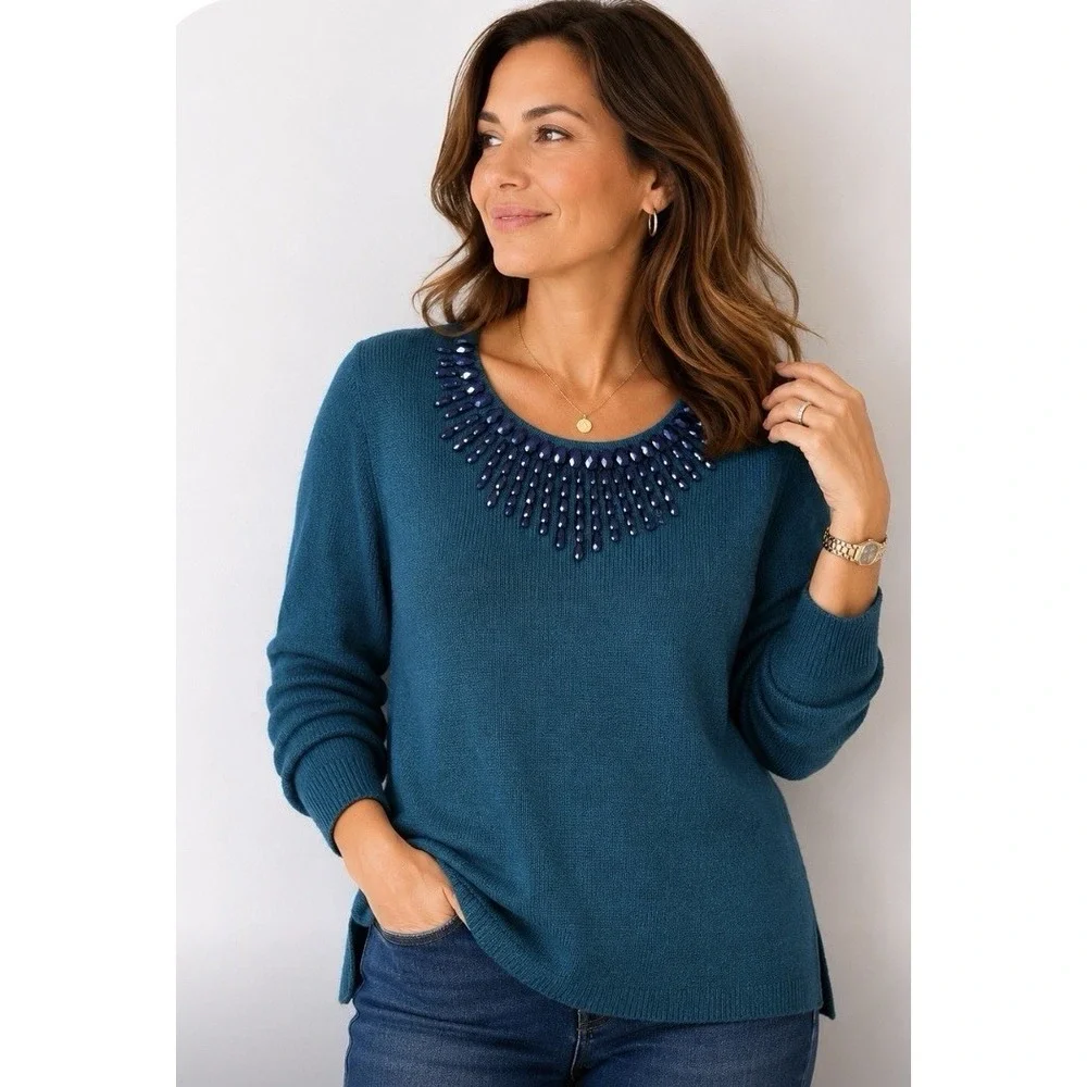 J Crew Dark Green Jeweled Starburst Blue Embellished Sweater Top Wool Rabbit Bld